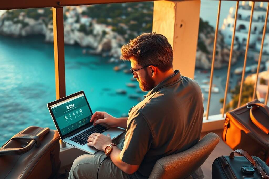 Digital nomad using smartphone eSIM on balcony with ocean view