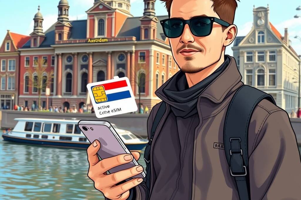 Traveler in Amsterdam using a smartphone with active Netherlands eSIM from Globalnetic